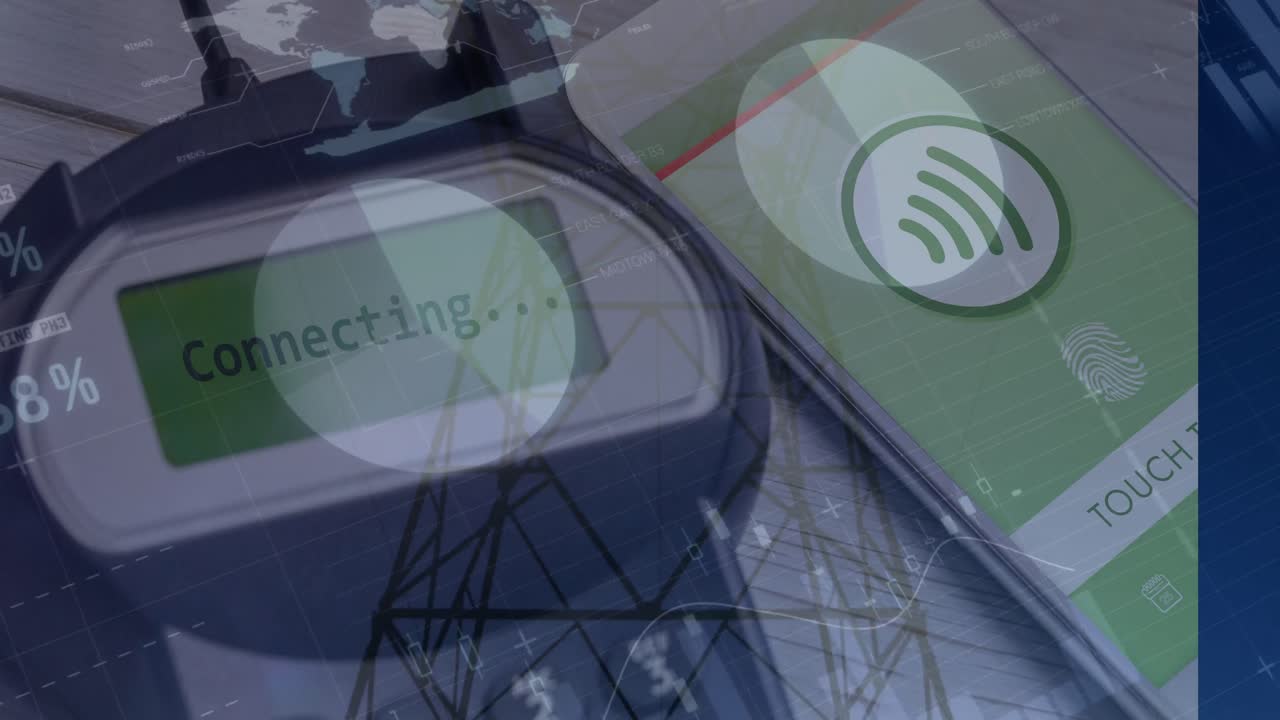 animación del procesamiento de datos a través de terminales de pago y teléfonos inteligentes