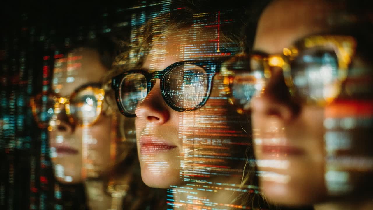 Three Focused Individuals Analyzing Data Through Glasses, Surrounded by Streams of Code and Digital Information, Highlighting Their Intense Concentration and Engagement