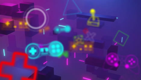 animation of pink and blue neon dashes over video game controllers, icons and blocks on purple