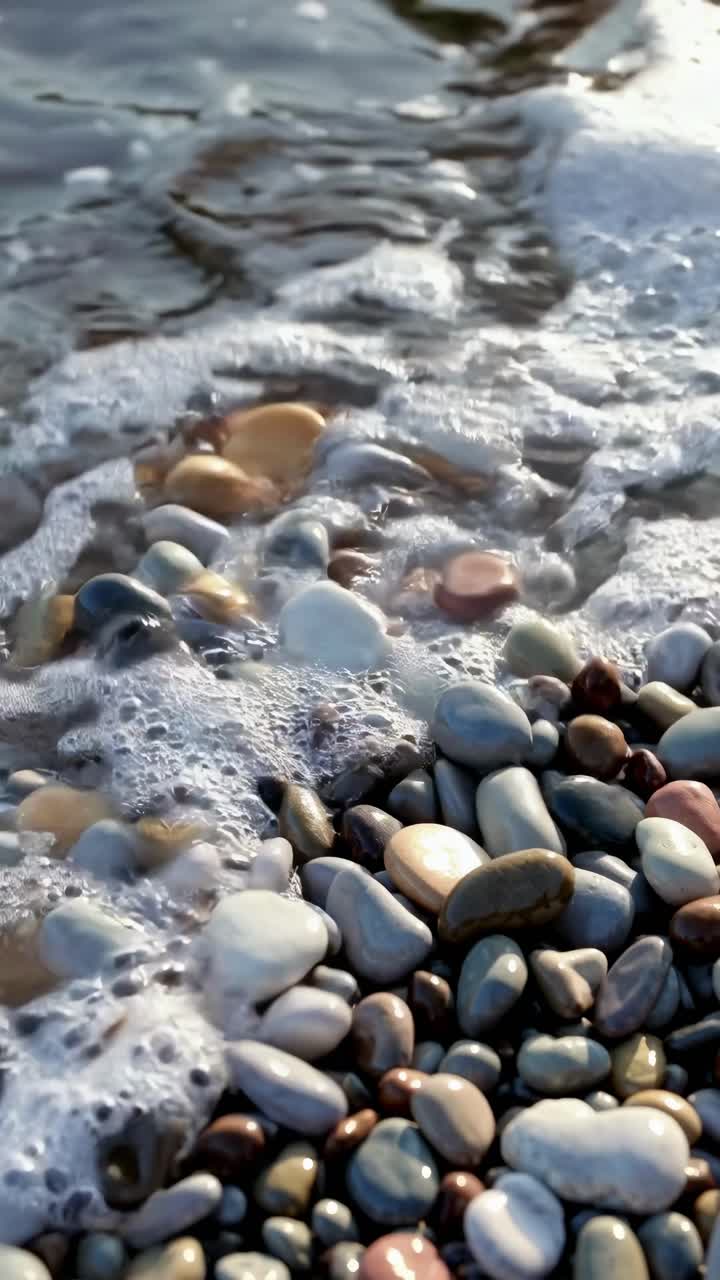 Video ravvicinato e dall'alto di ciottoli lisci e colorati su una spiaggia, che cattura la texture naturale