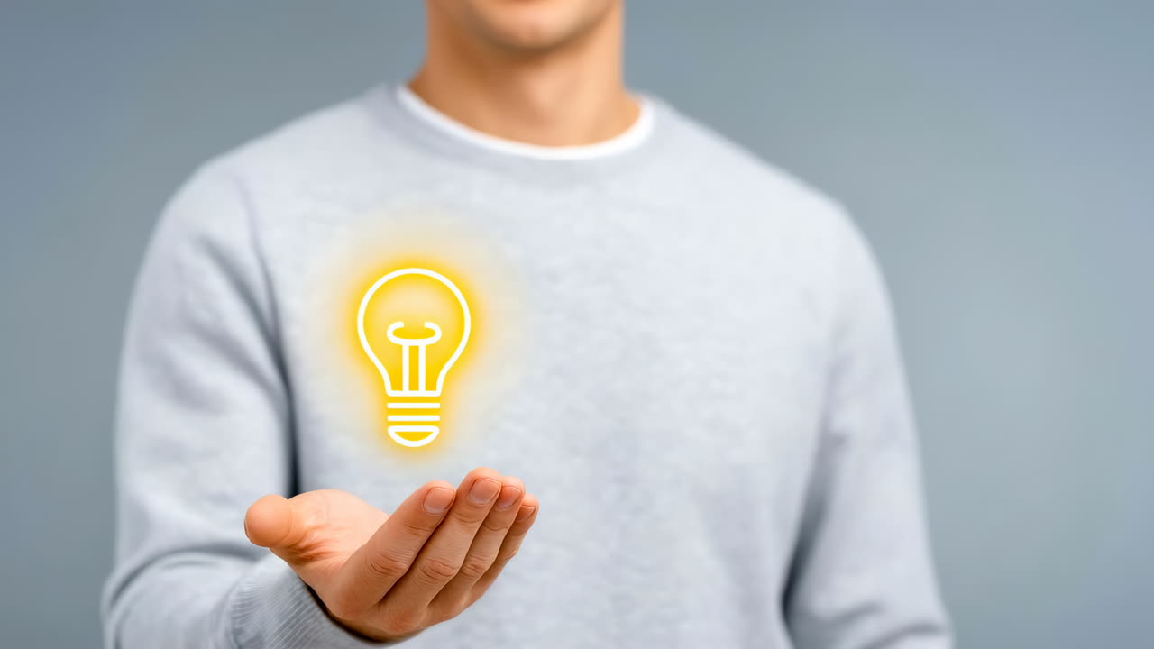 Man holding a glowing light bulb symbol. A man in a gray sweater holds out his hand, showing a glowing light bulb symbol representing ideas