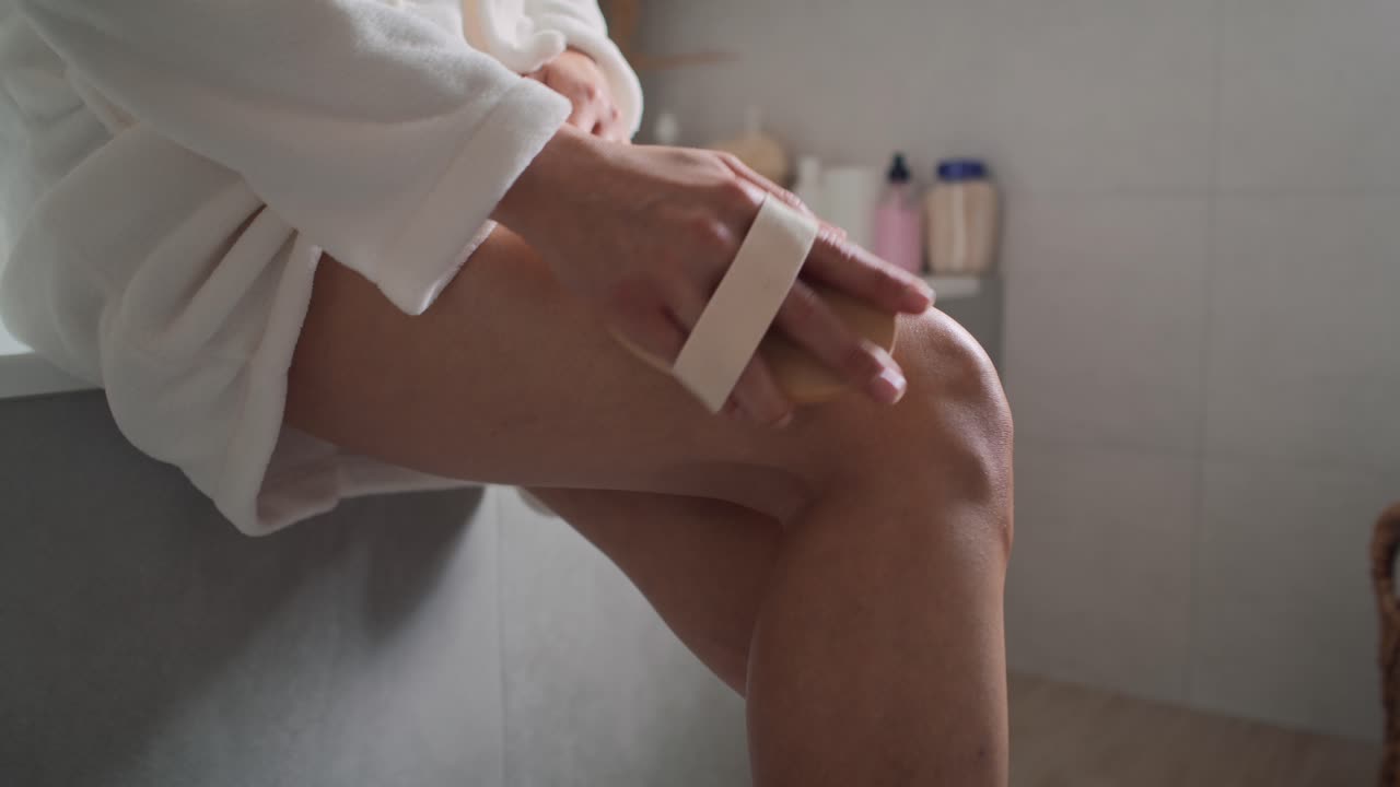 Primo piano di donna irriconoscibile che fa un peeling alle gambe nel bagno di casa.