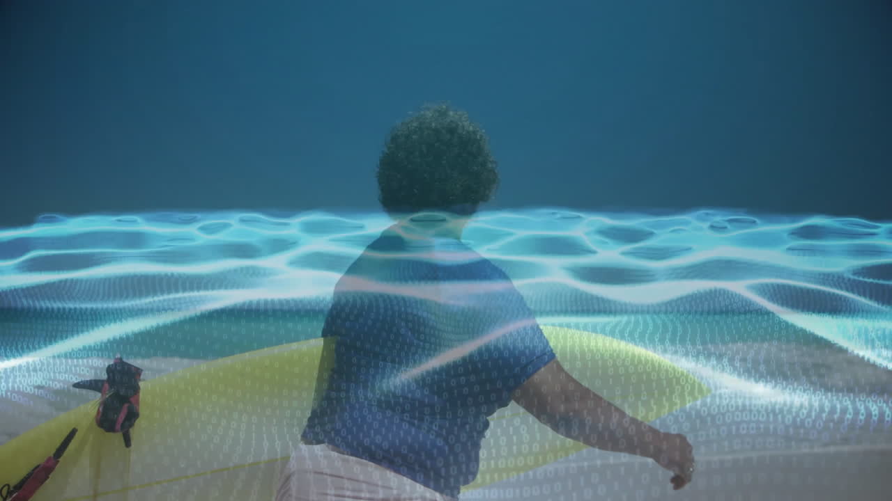 Senior woman exploring tech, interacting with holographic waves and floating binary code