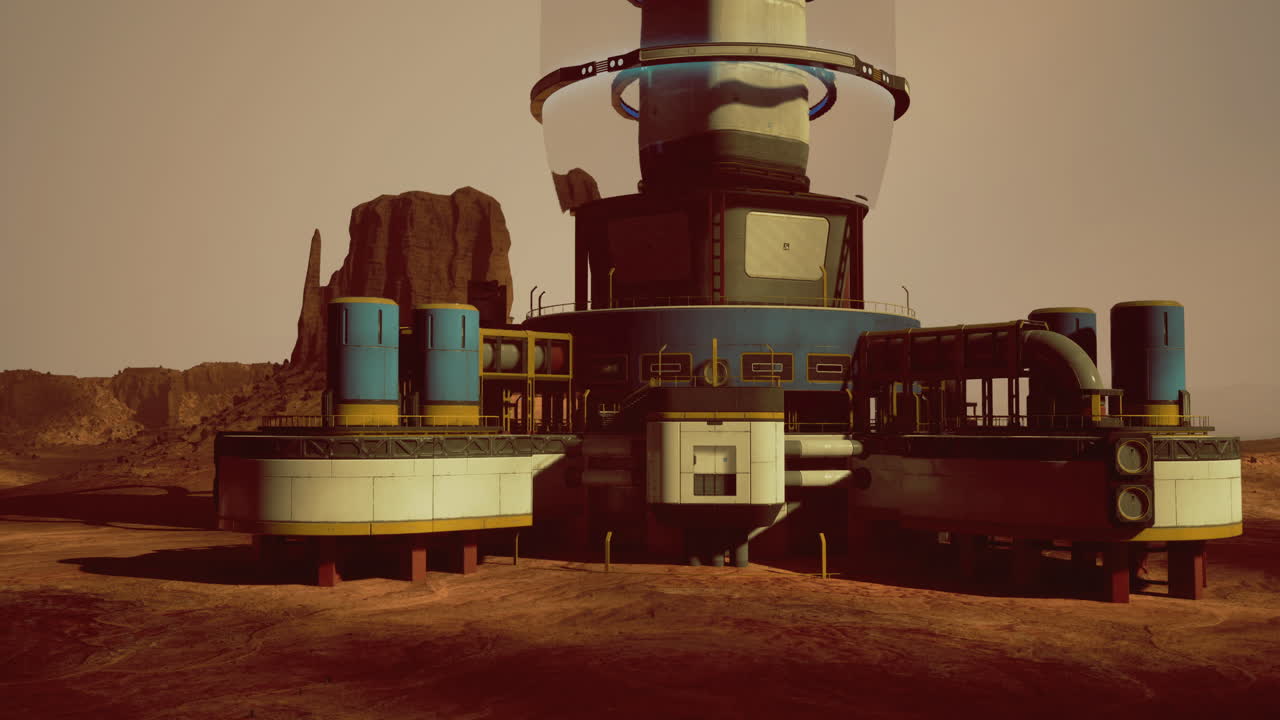 Deserted research facility on mars with futuristic architecture during sunset