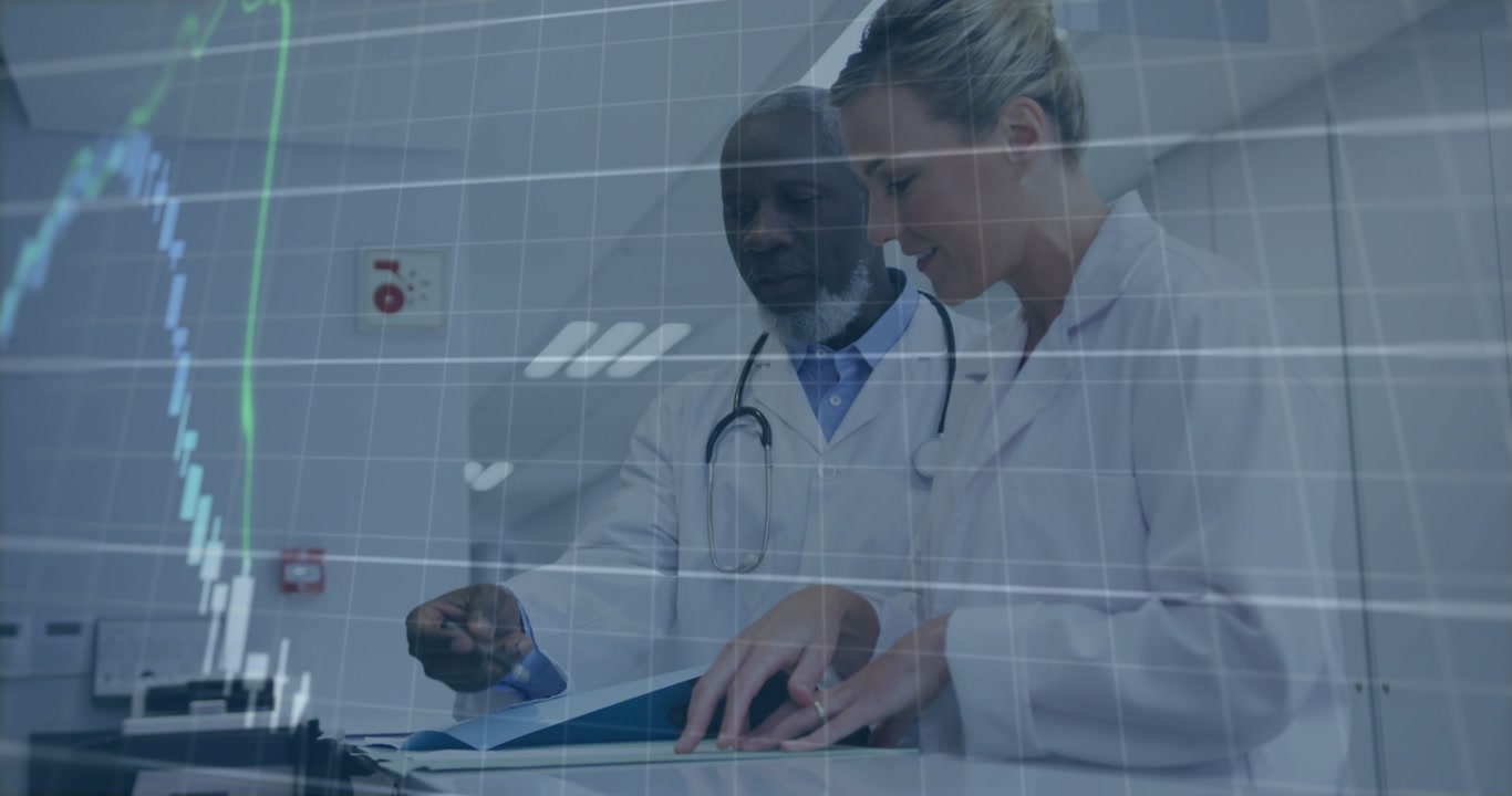 Doctors reviewing binder, animated market graphs appearing with percent labels rising, guiding care