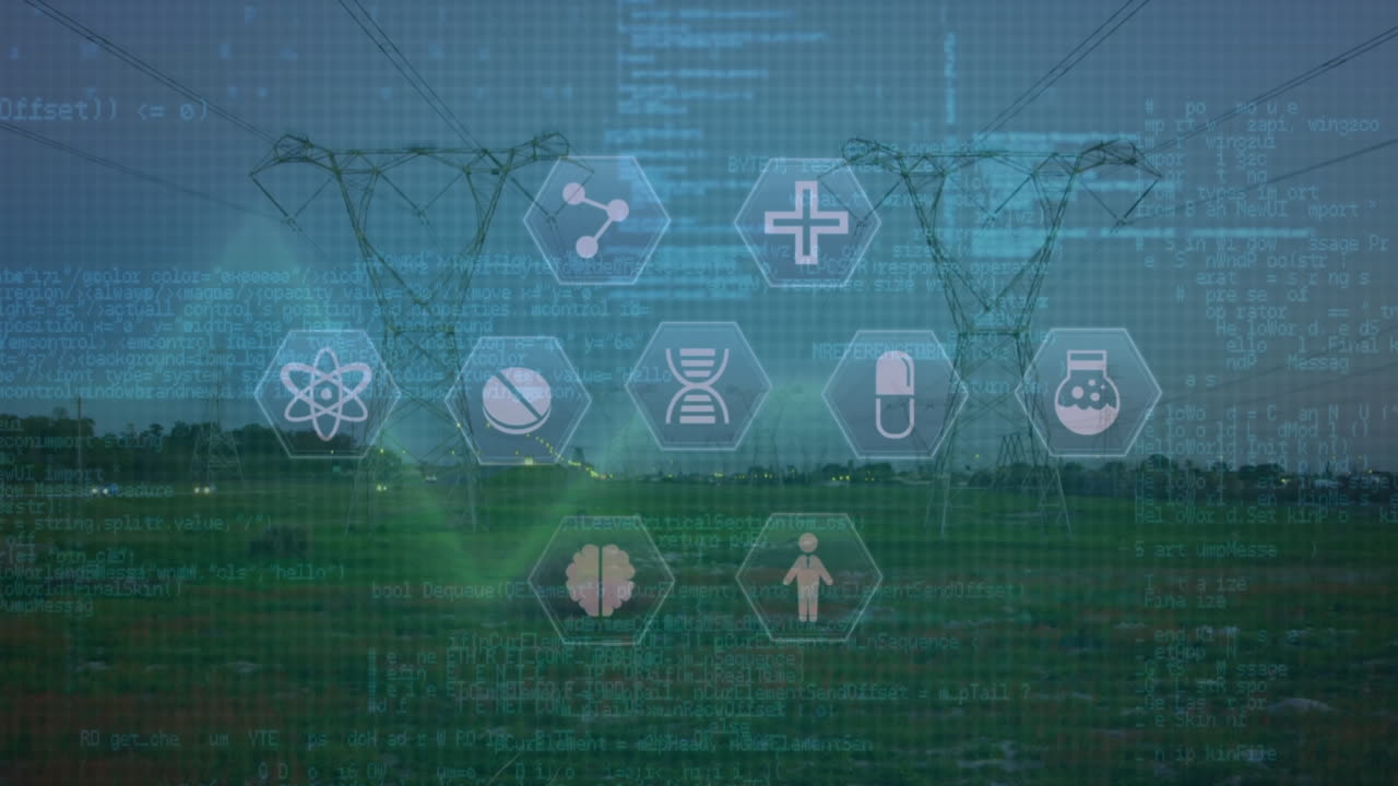 풍경 위의 의료 아이콘과 연결 네트워크의 애니메이션