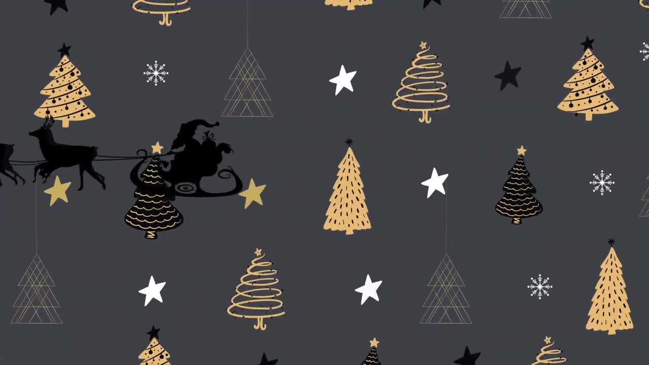 animación de santa claus en trineo con renos sobre estrellas y textura de árbol de navidad