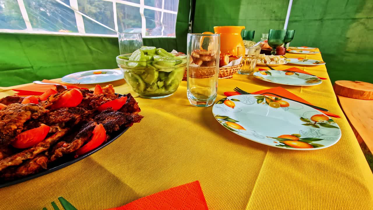A table setting with food and tableware