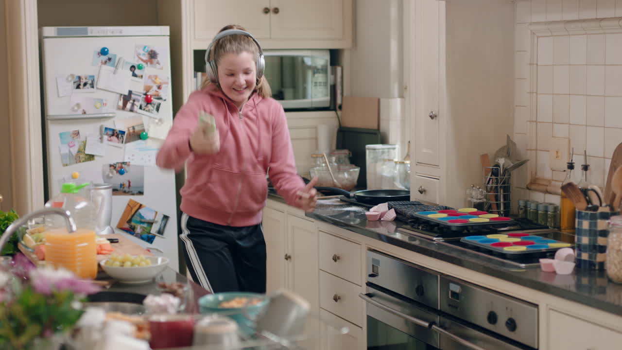 happy teenage girl dancing in kitchen having fun celebrating weekend performing funny dance moves listening to music wearing headphones