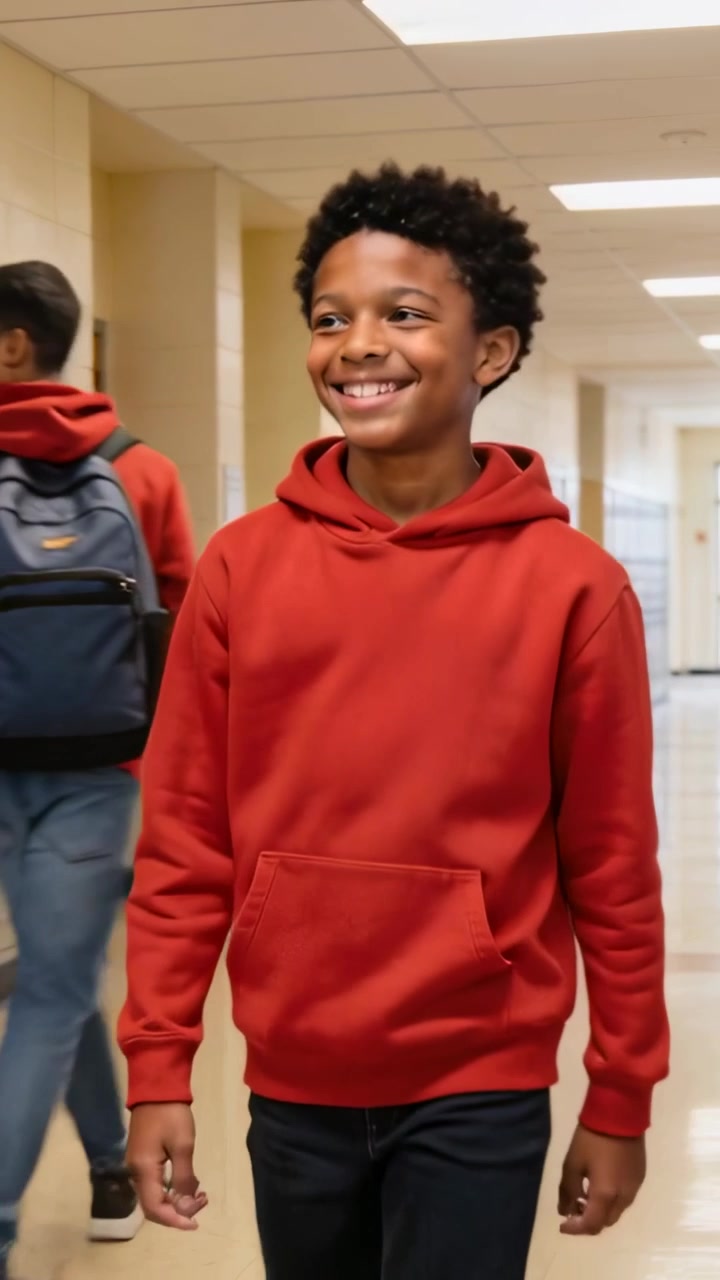 Vertical video: Walking student in red hoodie smiling and looking down school hallway, with lockers