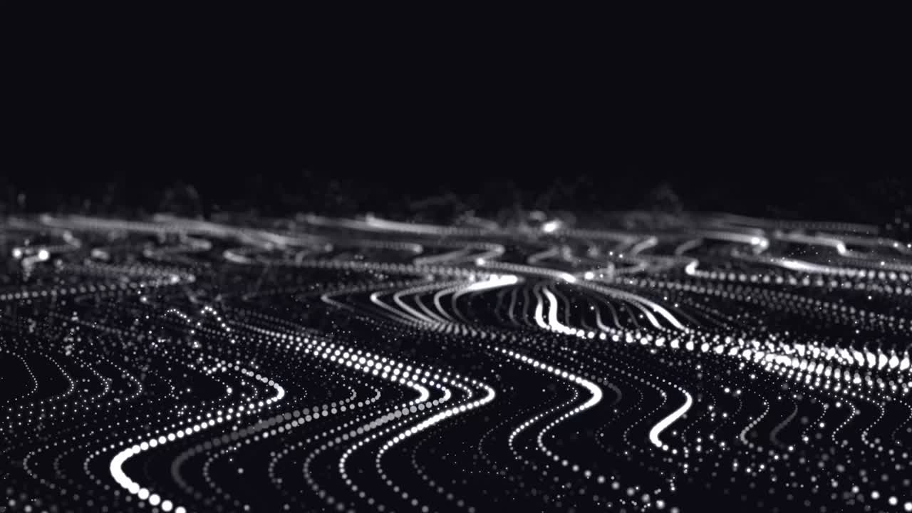 Abstract flow of luminous particles on dark background. Movement of colored dots. Big data visualization. 3D rendering. Seamless loop. 4k