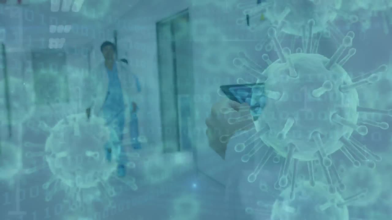 células de covid-19 que se mueven contra el médico usando una tableta digital