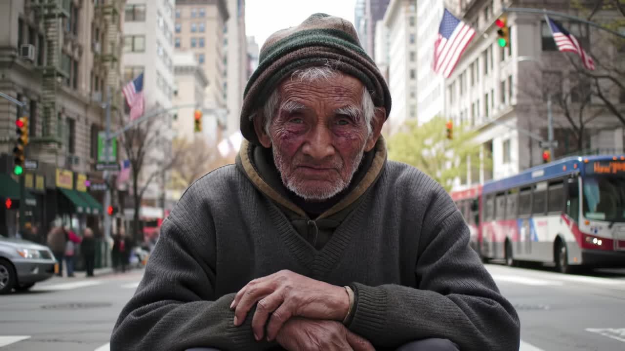 An elderly man sits quietly on a busy street, wearing layered clothing and a knitted hat. He gazes pensively while traffic moves around him. Flags can be seen in the background.