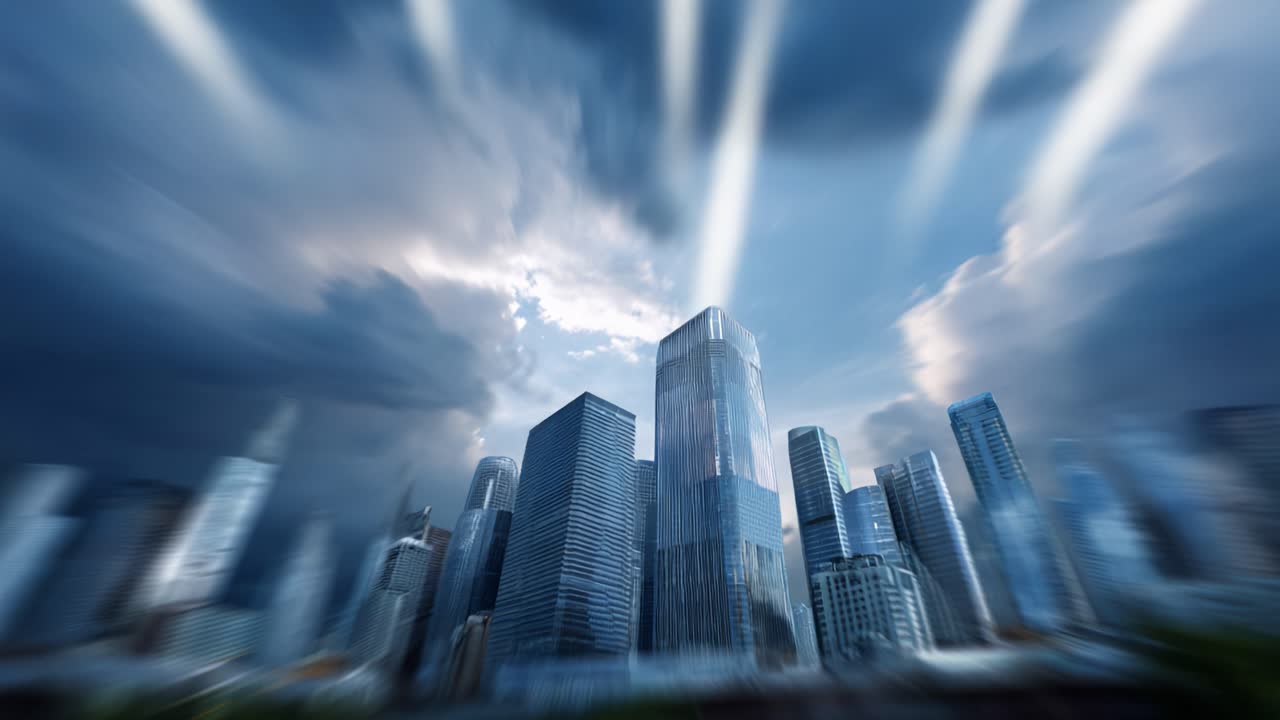 Dynamic Cityscape Under Stormy Skies: An Urban Landscape with Modern Architecture and Dramatic Cloud Patterns Captured in Motion