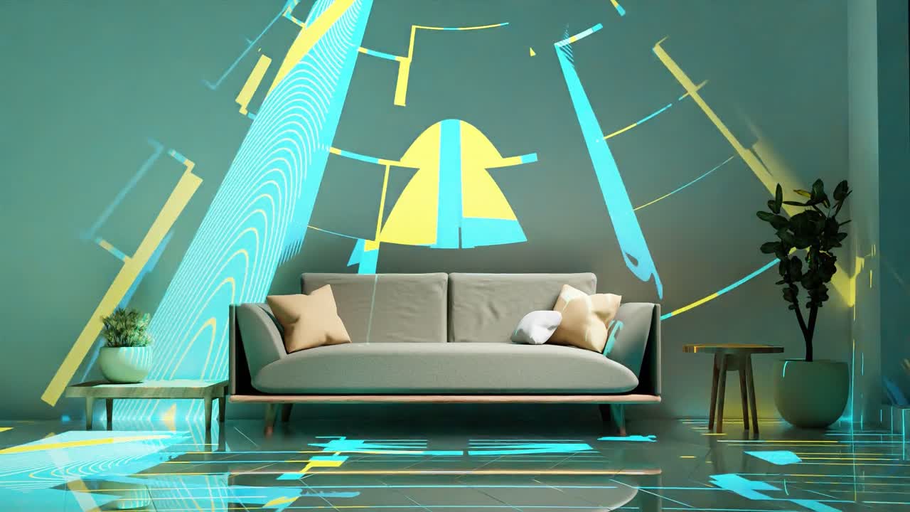 현대적인 집 아파트에서 빈티지 레트로 디스코 스타일의 거실 3d 렌더링 애니메이션