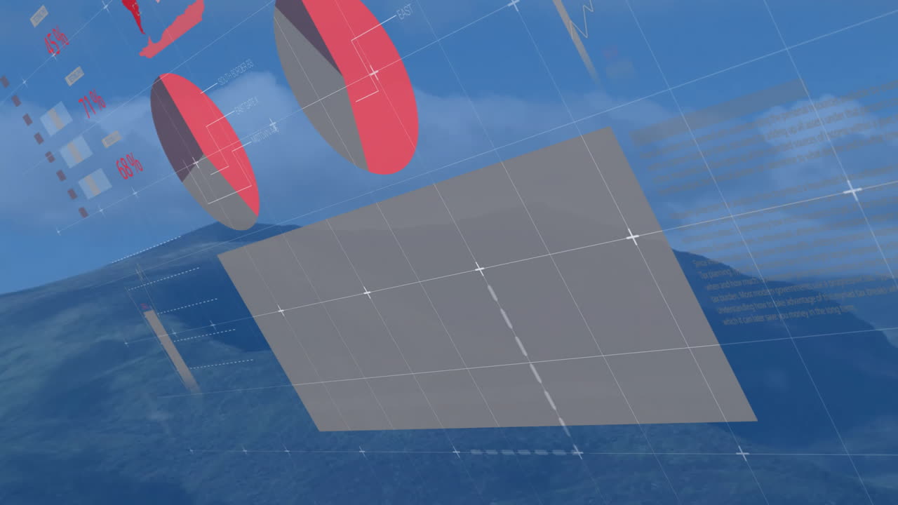 Digital interface overlaying mountains, showing rotating 3D pie charts and floating bar charts
