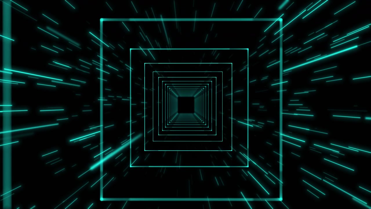 Glowing square portal visual with yellow neon frames rushing light lines and black futuristic tunnel