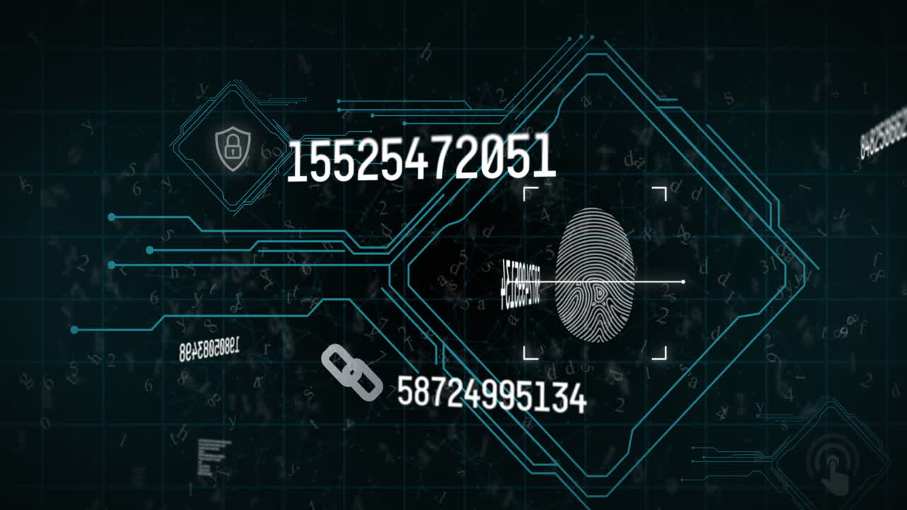 Animation of numbers changing data processing over biometric fingerprint