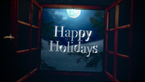 Happy-Holidays-text-with-open-window-with-away-mountains