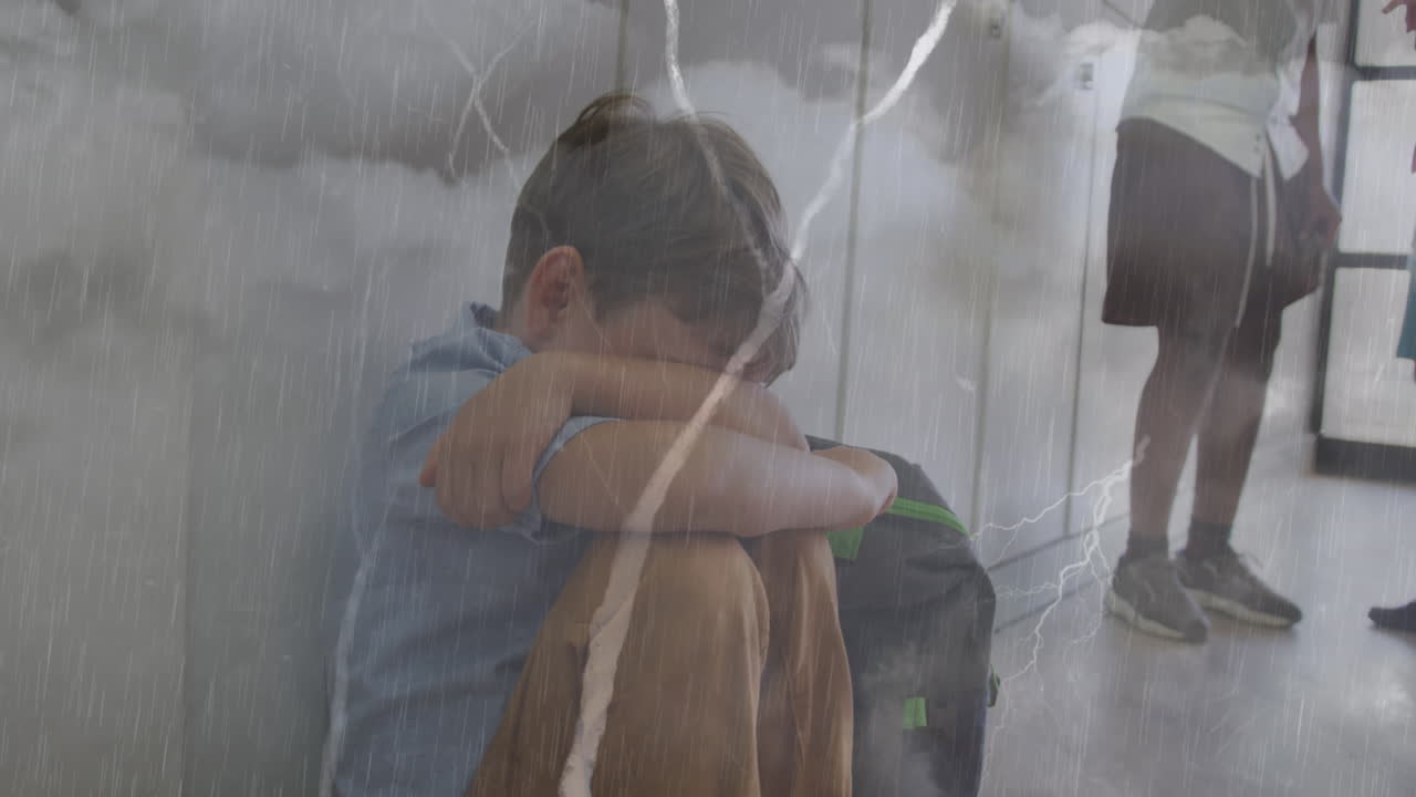 Animazione di nuvole e fulmini su uno studente caucasico triste seduto in corridoio