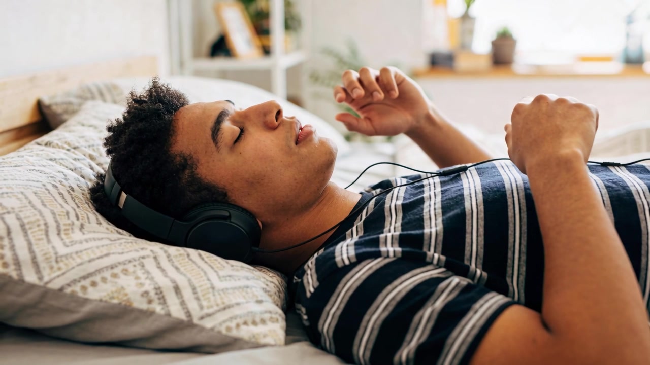 Uomo con una maglietta a righe blu navy sdraiato sul letto, che ascolta musica attraverso le cuffie e muove le dita a ritmo.