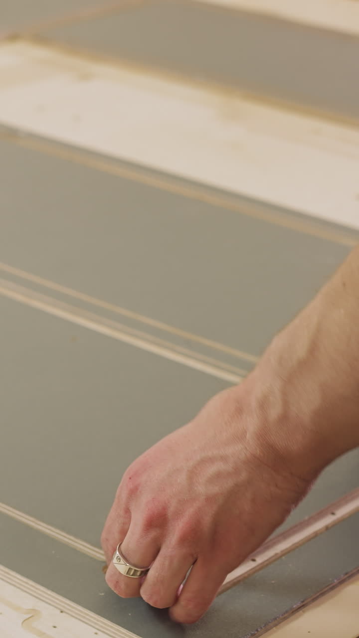 Employee takes away rectangle wooden detail with cut frame in woodwork shop closeup. Handyman works with timber material processed with lathe machine