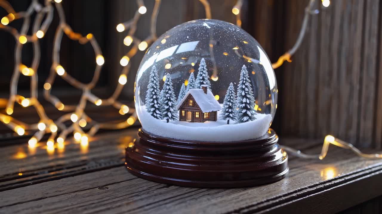 Festive snow globe with cabin and lights on wooden table