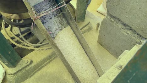 wide shot of freshly milled rice is coming out of the rice milling machine