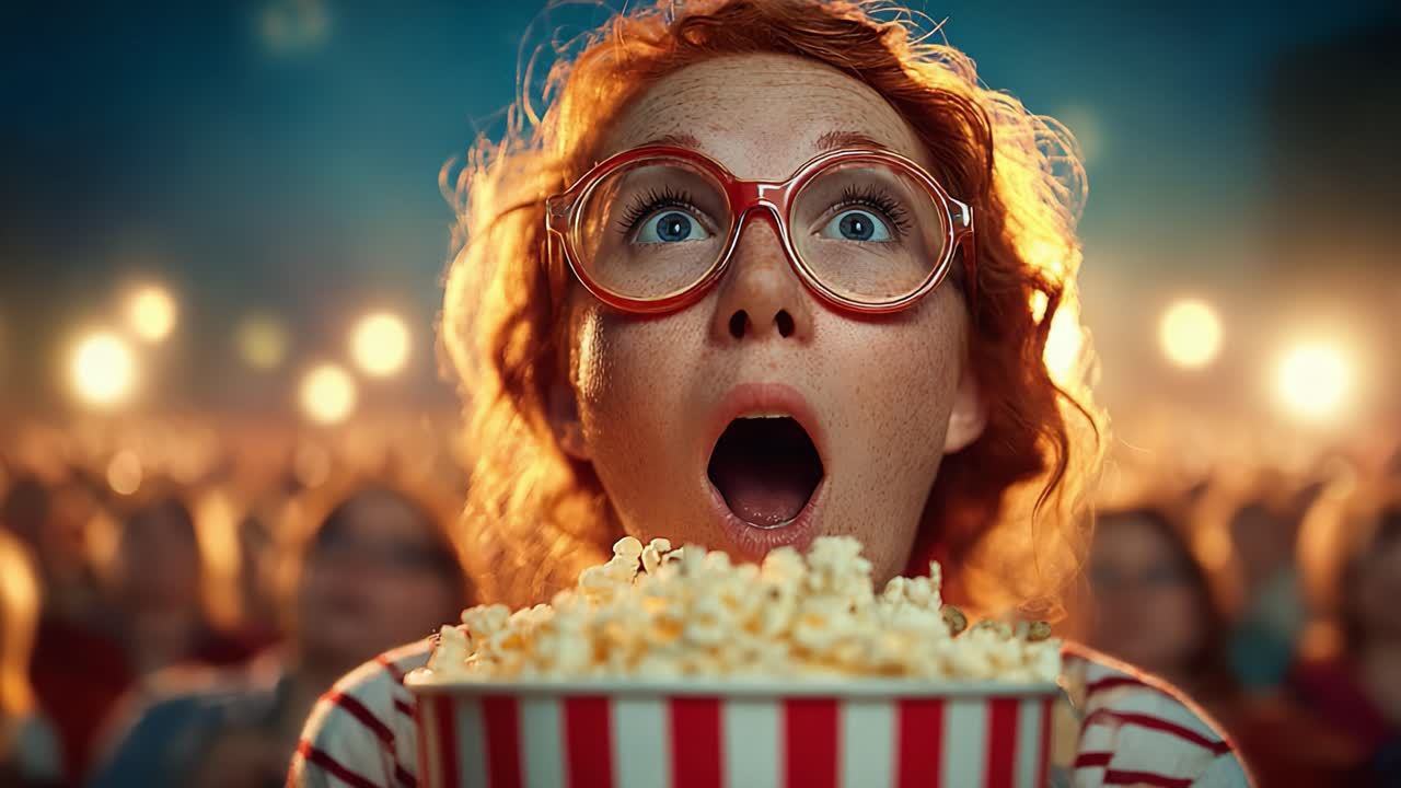 A Young Girl's Journey from Awe to Joy During an Exciting Movie Experience, Capturing the Thrill of Anticipation and Delight with a Bucket of Popcorn