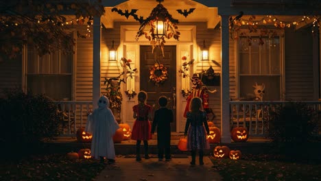 Children Dressed in Costumes Admiring a Spookily Decorated Halloween Porch with Jack-o'-Lanterns and Festive Lights in a Cozy Neighborhood Setting