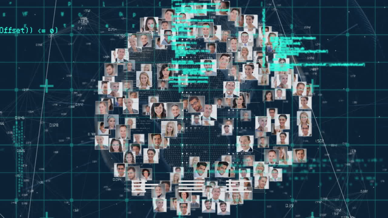 animación del procesamiento de datos y redes de conexiones sobre molienda