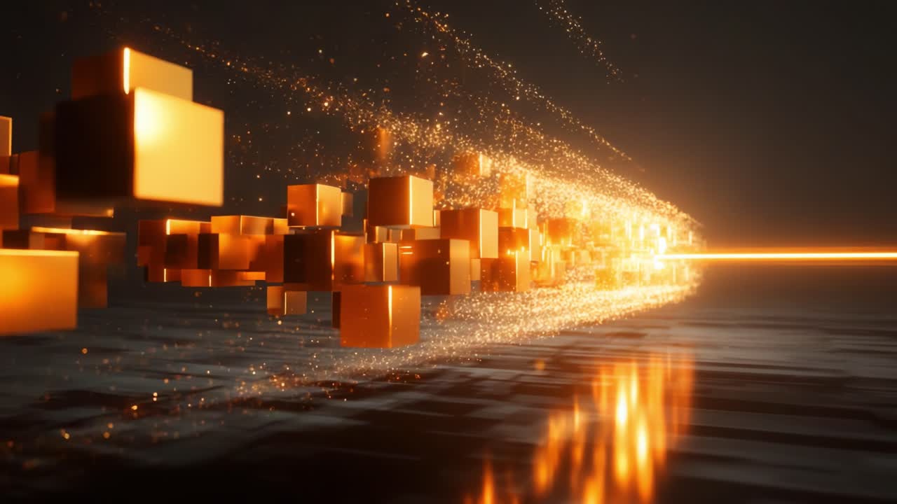 Dynamisk bevægelse af gyldne kuber med gnister: En imponerende visuel fremvisning af digital innovation og æstetisk elegance, fanget i to slående billeder, der viser partikelbevægelse