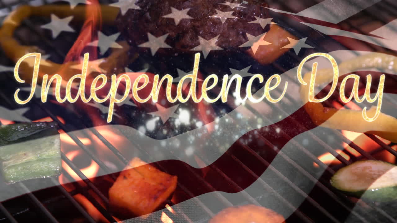 Independence day text with flag and barbecue