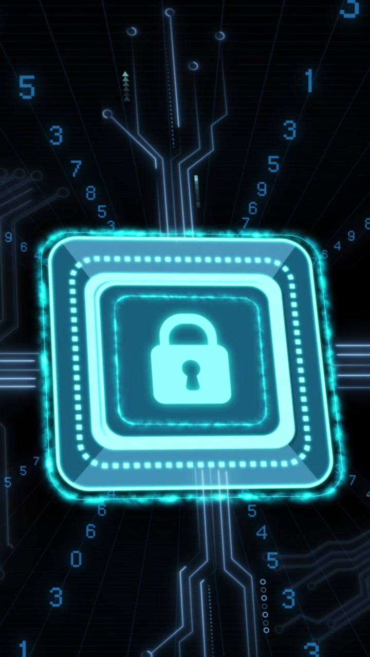 Animazione di elaborazione dati digitali e lucchetto di sicurezza su sfondo nero