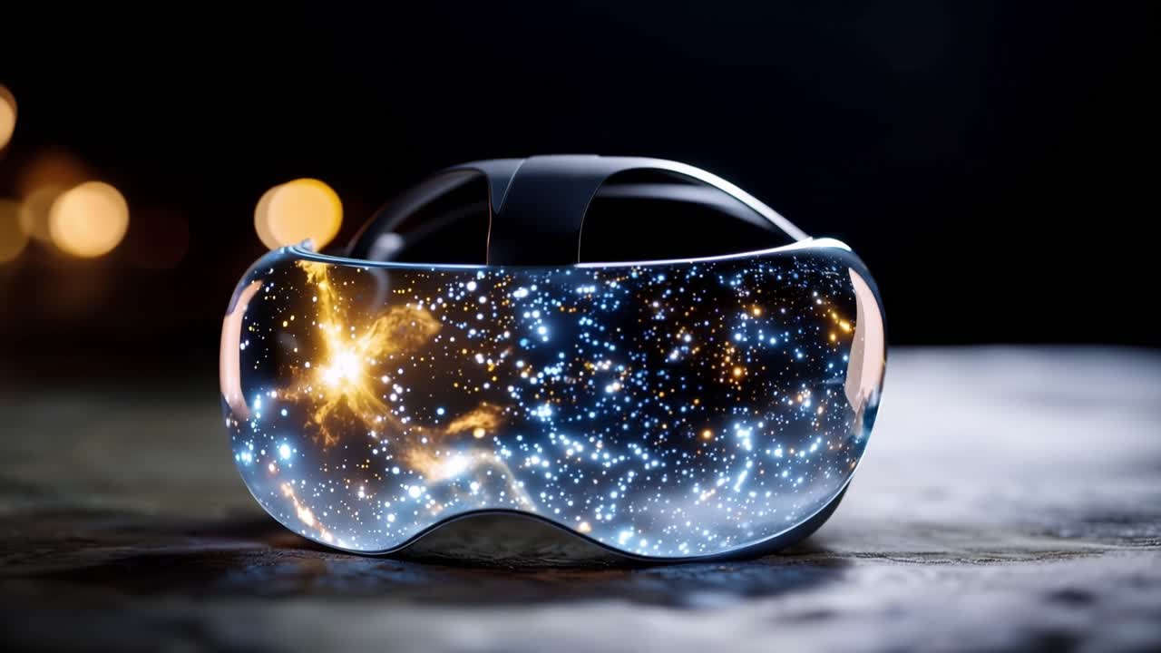 Mørkt rum gløder inde i et elegant headset. Gyldne stjerner pulserer blidt gennem futuristiske linser. Varme bokeh-lys antyder en hyggelig, fordybende oplevelse. Perfekt til tech og gaming. Ingen mennesker, ingen dyr