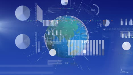 animation of statistical and stock market data processing over spinning globe on blue background