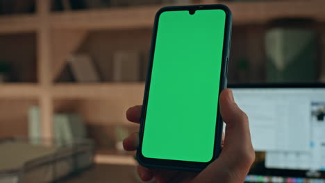 remote employee reading mockup cellphone message in office agency close up.