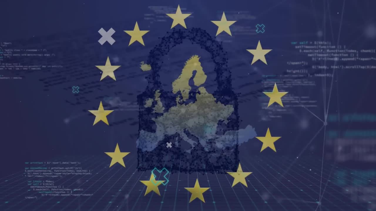 Animazione di mappa dell'Europa, lucchetto, elaborazione dati e bandiera dell'UE.