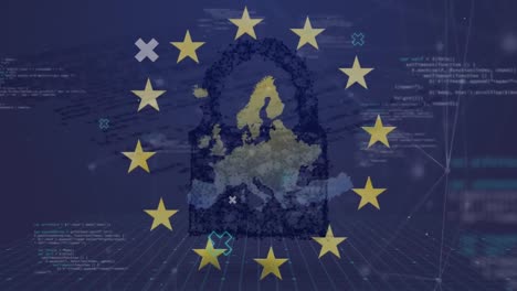 animation of map of europe, padlock, data processing and flag of eu