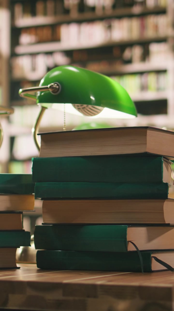 Video verticale: Pila di libri posizionata su un tavolo vuoto della biblioteca con lampade verdi vicino agli scaffali.
