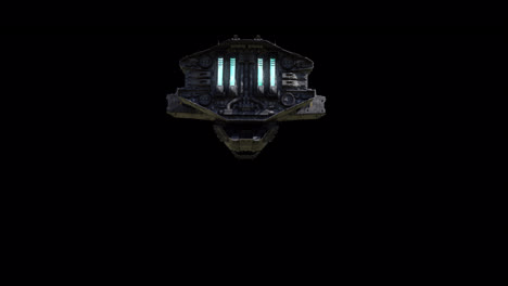 giant spaceship flying fast - straight distancing from camera, black background suitable for overlay with alpha channel matte blending option, seamless integration into various sci-fi concepts