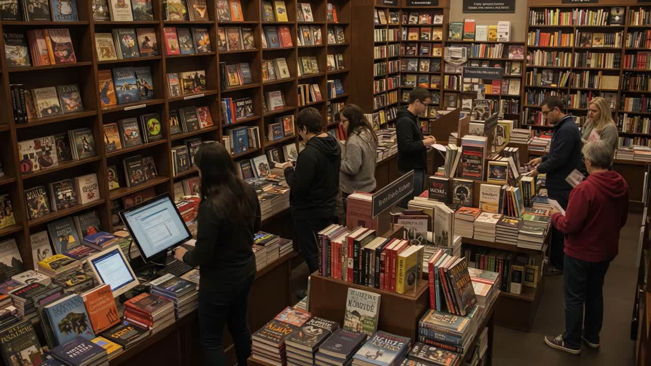 A Bustling Bookstore Atmosphere: Shoppers Explore Shelves Filled with Diverse Literary Works, Engaging with Stories and Discovering New Authors in a Cozy Setting