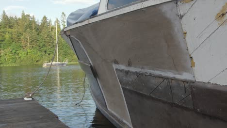 repaired plywood section in a wooden boat bow