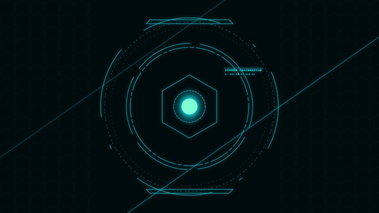 Futuristinen digitaalinen käyttöliittymä pyörivällä kuusikulmaisella kalibrointinäytöllä