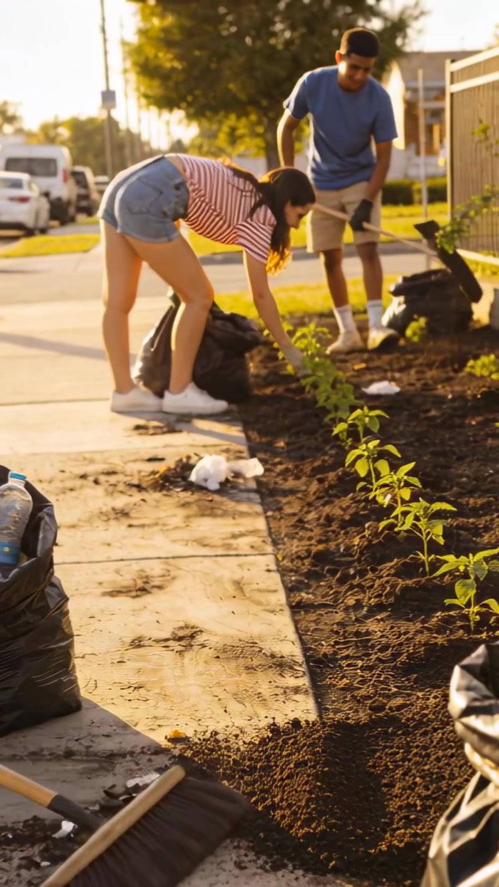 Vertical video: Starting as woman holding plant couple planting shrubs on curb for cleanup with bag