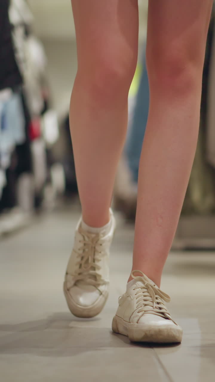 캔버스를 입은 색 여성이 옷 가게를 걸어가며, 다양한 옷이 구간으로 배열되어 있으며, 배경이 잘 밝고 가게가 끔하게 정리되어 있습니다.