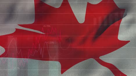Animation-of-statistical-data-processing-against-canada-flag-in-background