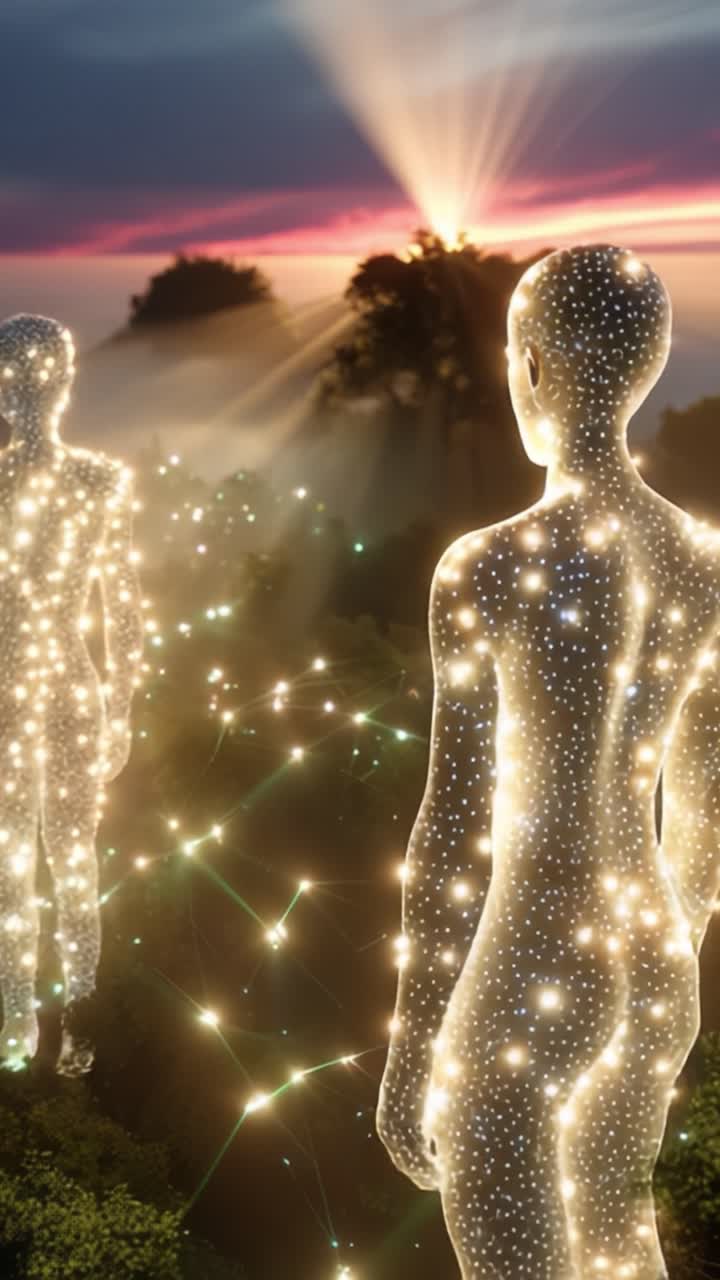Due figure eteree adornate con stelle luminose si stagliano contro un tramonto vibrante, simboleggiando connessione e illuminazione in un paesaggio surreale e onirico.