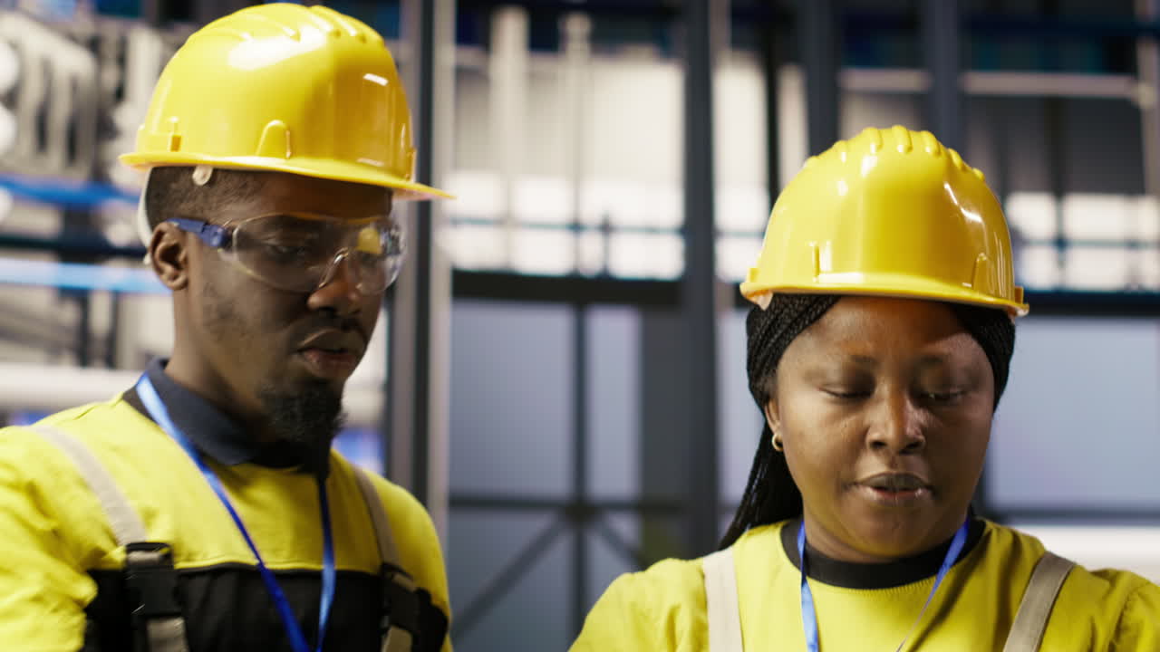 Vertical video Solar panels factory team working together to fix gear