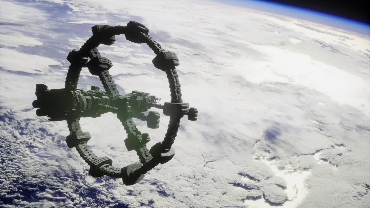 High tech space station orbiting earth with advanced design